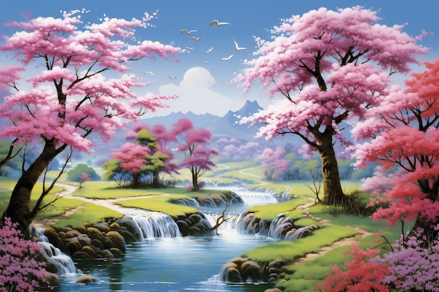 Spring Cherry blossom background with mountain and river Digital painting