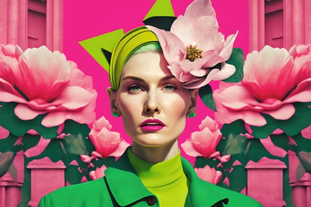 Spring in the City Fashion woman with magnolia flowers blossoming Generative AI