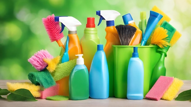 Spring Cleaning concept background with an image of colorful detergent bottles and brushes