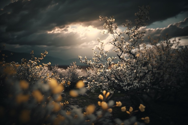 Spring cloudy sky with sun illustration Generative AI