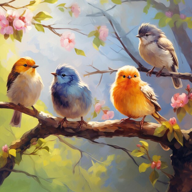 Spring colourful little two birds sitting on a branch image Generative AIs