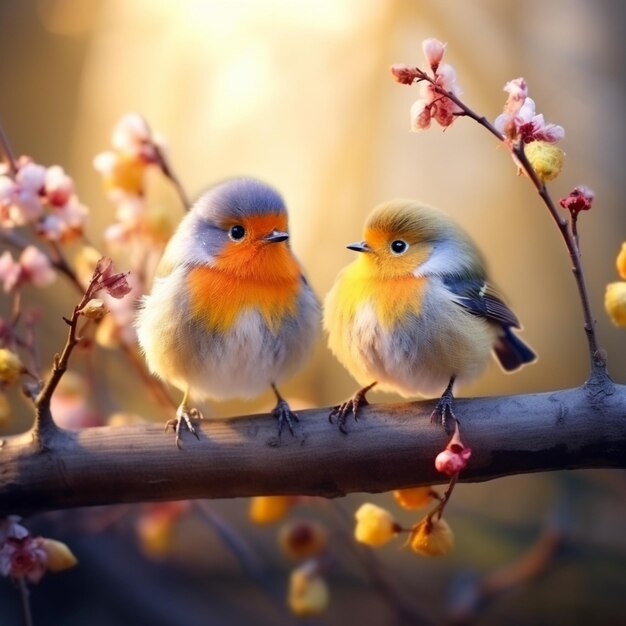 Spring colourful little two birds sitting on a branch image Generative AIs