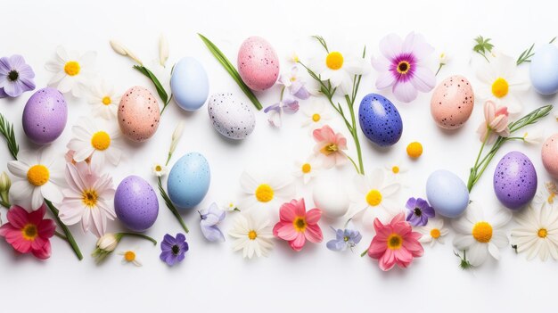 Spring composition of painted easter eggs and first spring flowers on a white background