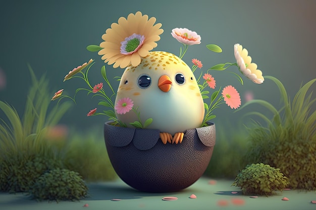 Spring concept with an egg and a chicken surrounded by colorful flowers 3d image Generative AI