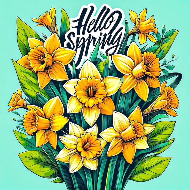 spring daffodil flowers vector design hello spring greeting text with daffodils bunch in leaves