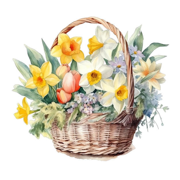 Spring daffodils in basket watercolor illustration spring clipart