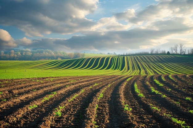 Spring evening sky with wavy fields and winter crops