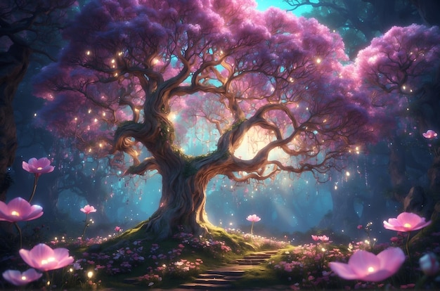 Spring fairytale enchanted forest with mystical pink glowing big trees