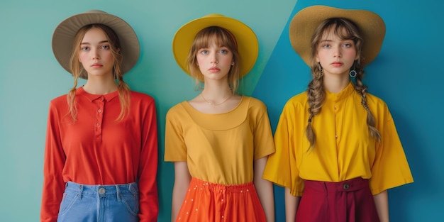 Photo spring fashion styles showcased by three models wearing hats indoors