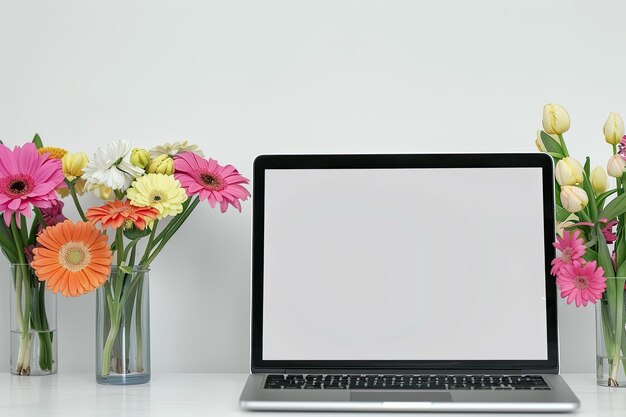 Photo spring festive set with flowers and a laptop