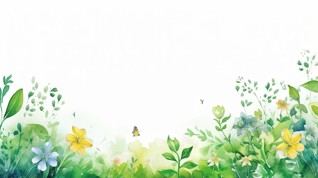 spring floral border background in green with leaves watercolor illustration