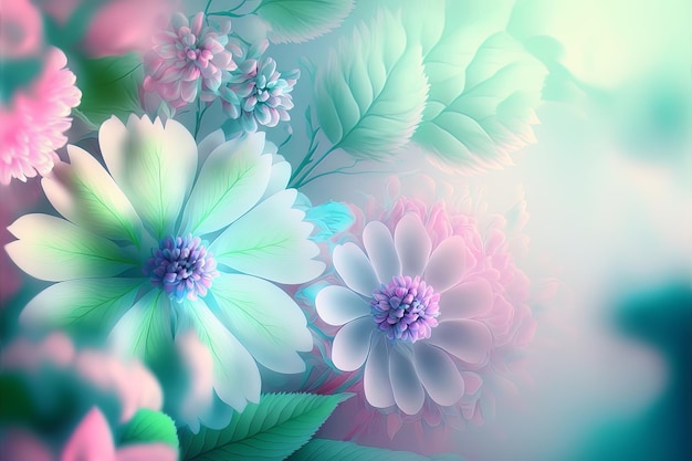 Spring floral gradient background with iridescent surreal flowers delicate pastel colors Generative AI illustration