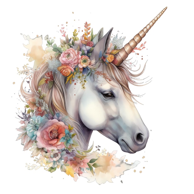 Spring floral unicorn watercolor illustration spring clipart