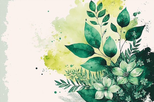 Spring floral watercolor background in green with leaf illustration. AI Generated