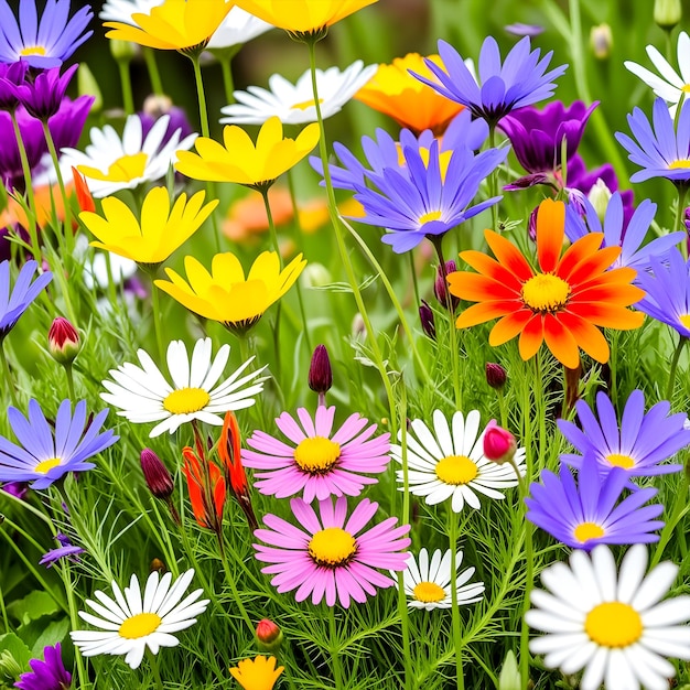 Spring flower bed with colorful wildflowers