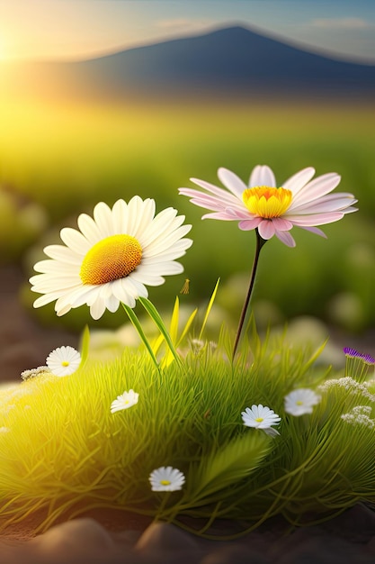 Spring Flower Landscape Daisy and Grass New Growth Background