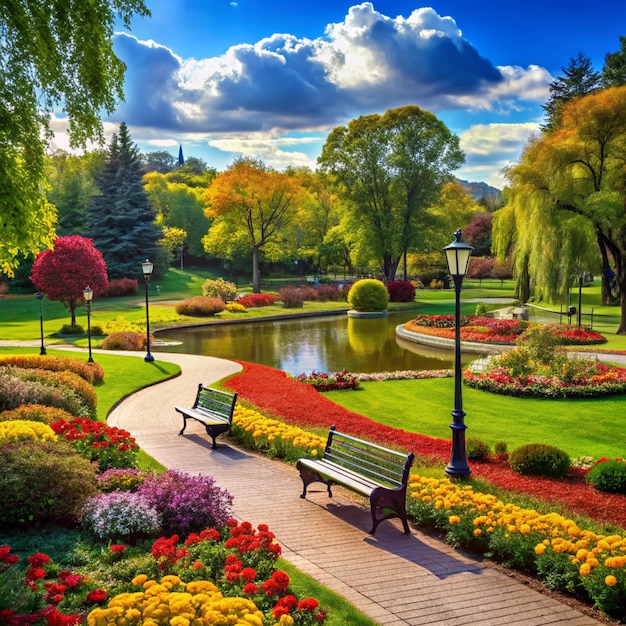 Spring flower park with green grass trees and blooming flowers in the sunlight