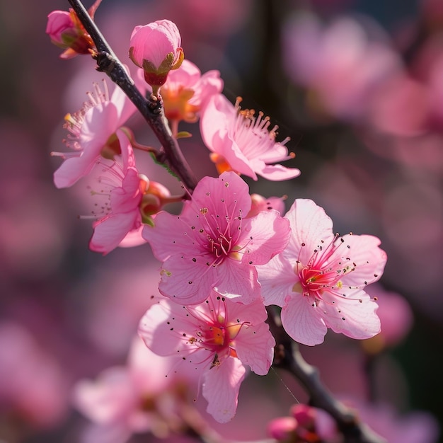 Spring flowering branches pink flowers leaves flowers