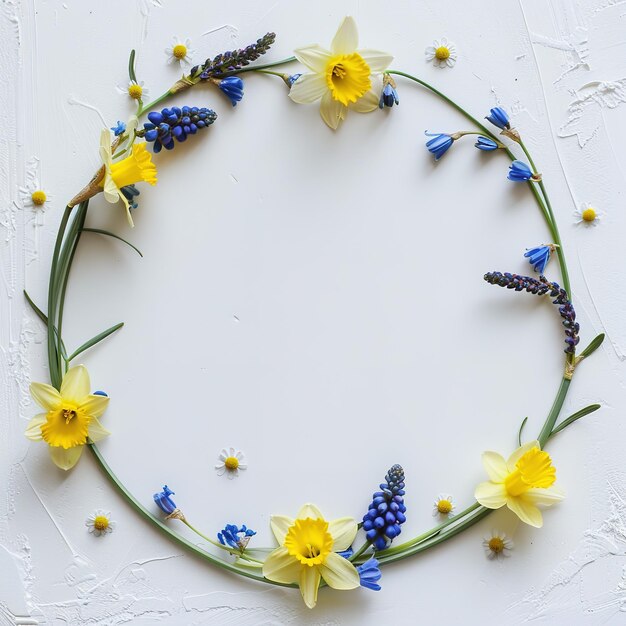 Spring flowers arranged in a wreath on a textured background