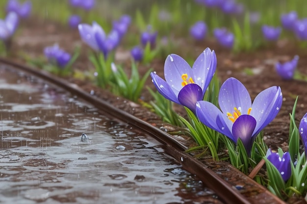 Photo spring flowers of blue crocuses in drops of water on the background of tracks of rain drops