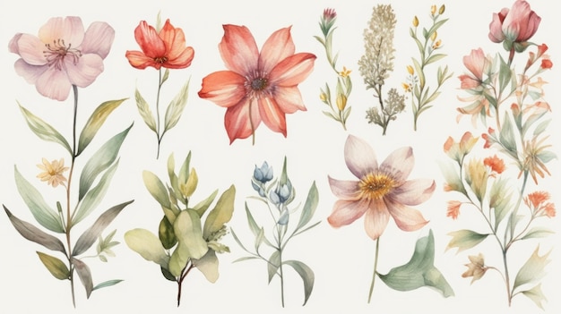 Spring flowers Botanical design elements in watercolor style AI generative