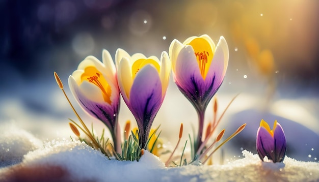 Spring Flowers Colorful Crocus Blossoms On Melt Snow With Defocused Sunlight The End Of Winter Springtime Generative AI