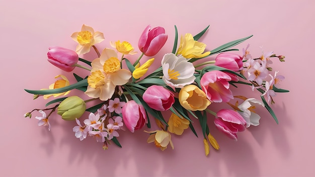 Spring flowers composition on pastel pink background