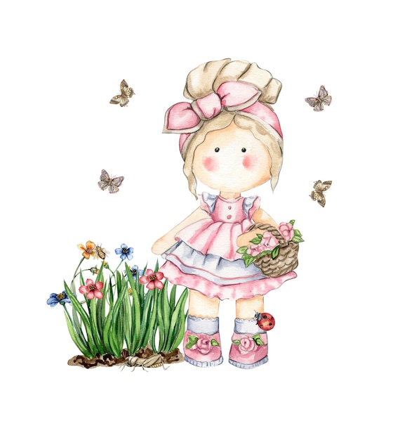 Spring flowers composition with a cute Tilda doll watercolor illustration