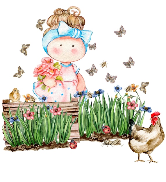 Spring flowers composition with a cute Tilda doll watercolor illustration