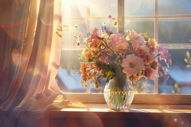 Spring Flowers in Glass Vase in Cozy Home Interior