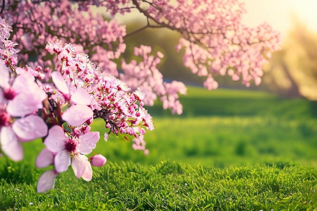 Spring flowers on a green field