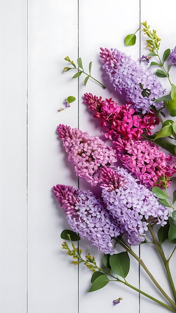 Photo spring flowers lilac flowers on white wooden background top view flat lay