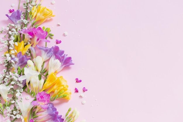 Spring flowers on pastel pink background