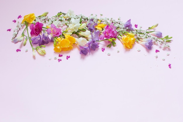 spring flowers on pastel pink background