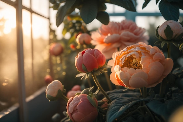 Spring flowers peonies in solar greenhouse illustration Generative AI