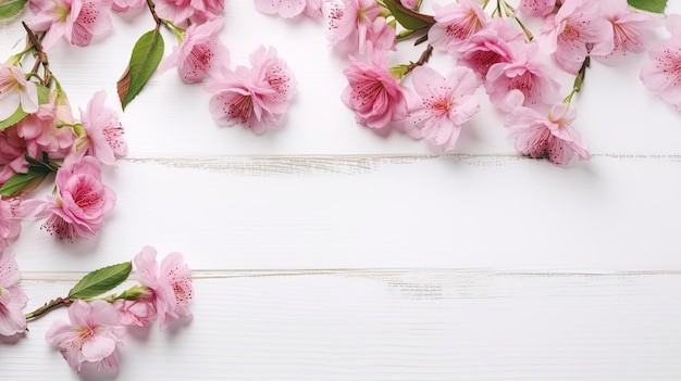 Spring flowers and Pink flowers on white wooden background copyspace with Generative AI Technology