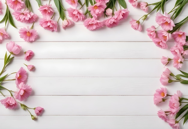 Spring flowers Pink flowers on white wooden background Flat lay top view copy space flowers