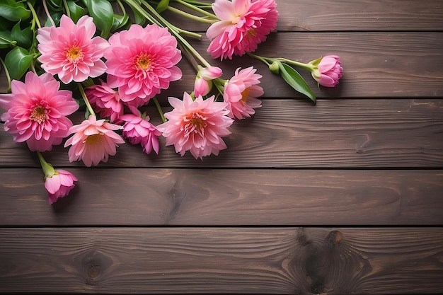 Spring flowers Pink flowers on wooden background Flat lay top view