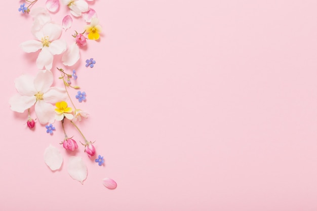 Spring flowers on pink table