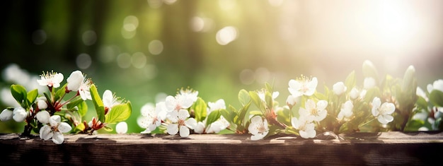 Spring flowers on a wooden table in a green garden Generative AI