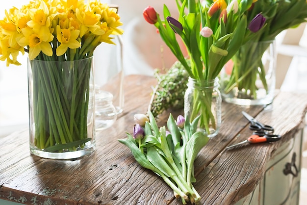 Spring flowers on a wooden table