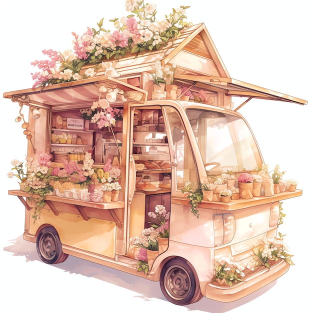 spring food truck with flowers watercolor cozy