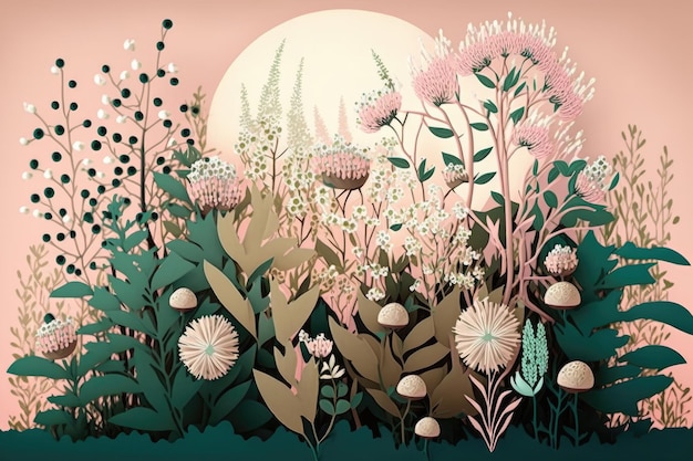 Spring forest flowers on pastel pink background created with generative ai