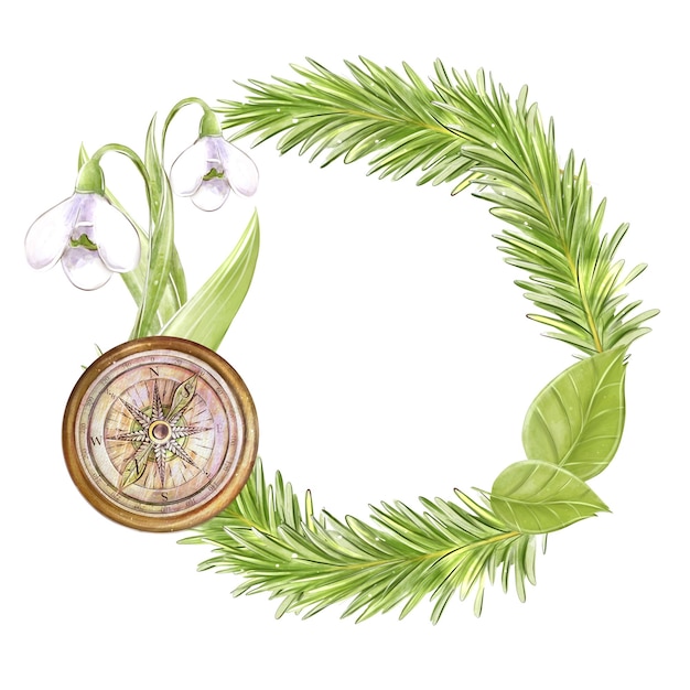 Spring forest watercolor round frame wreath on the theme of tourism camping with fir branches compass and snowdrop Hand drawing For the design of flyers flyers invitations scrapbook