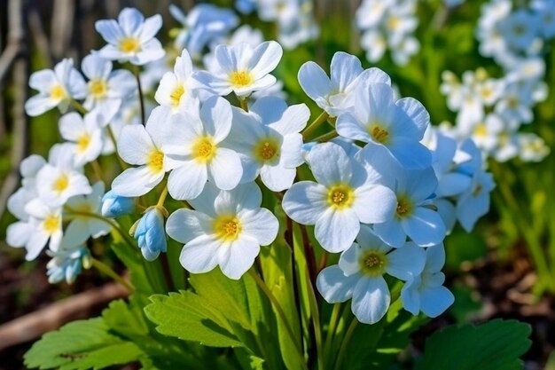 Spring forest white flowers primroses on a beautiful blue background macro