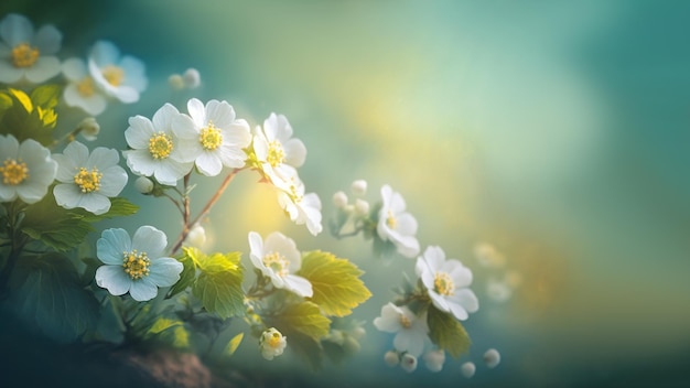 Spring forest white flowers primroses with Blurred blue sky Floral nature background