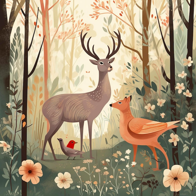 Spring forest with fawn and birds in Picard style generat ai