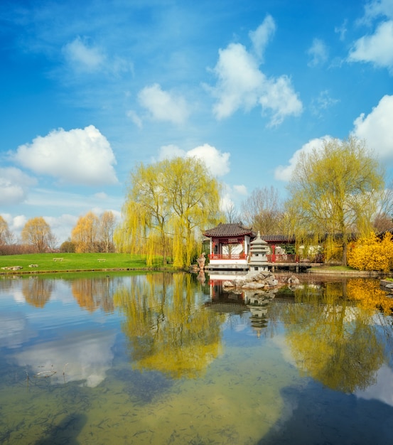 Spring in formal Chinese garden on a bright sunny day