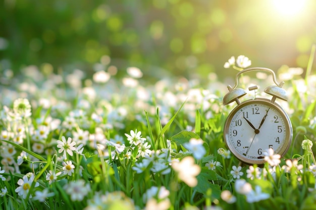 Photo spring forward daylight saving time alarm clock on nature background with flowers