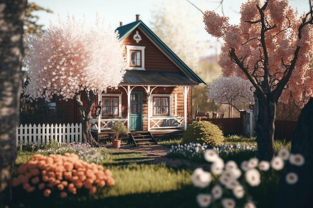 Spring garden house Illustration AI Generative